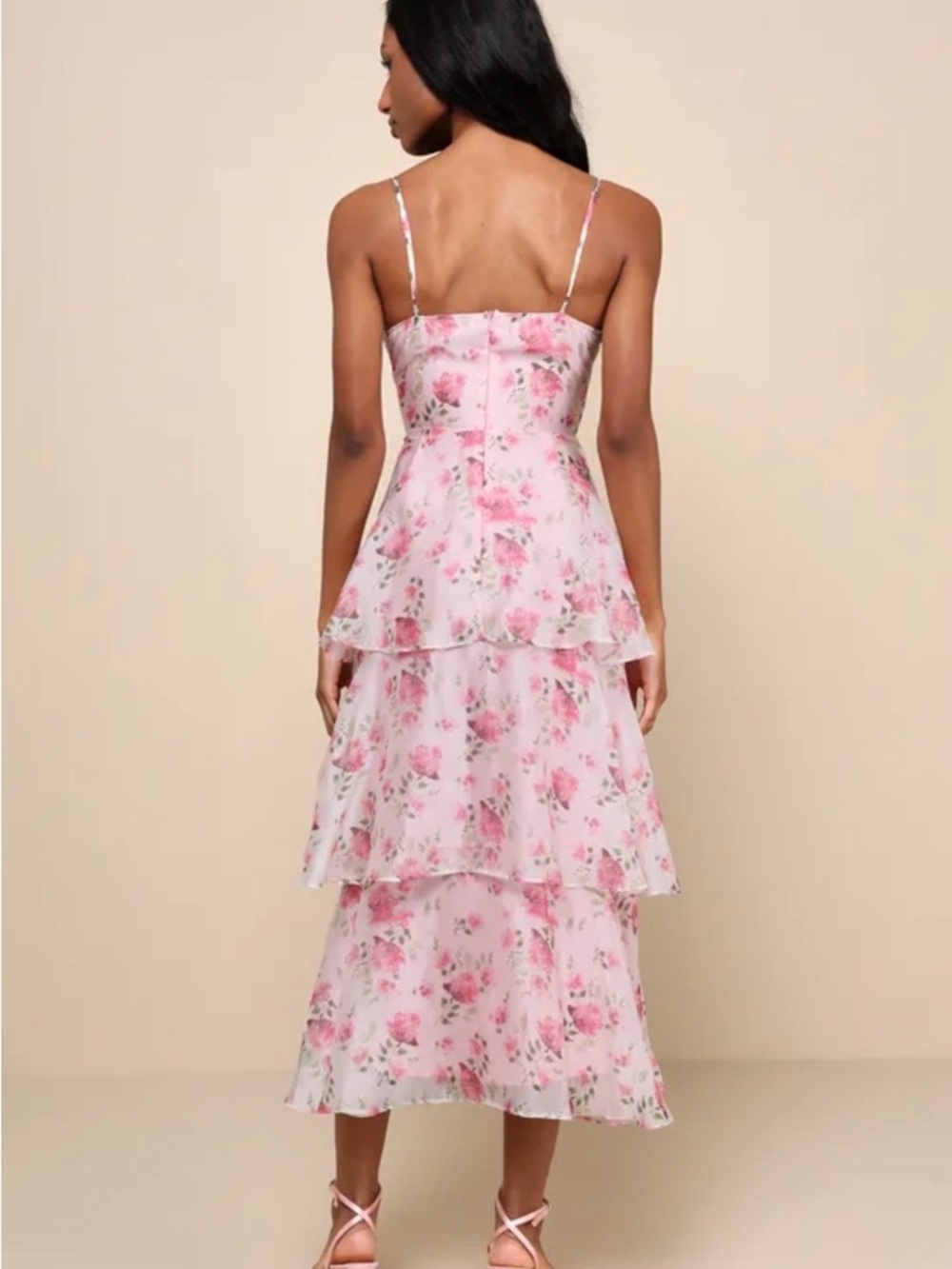 Lulu's Pink Floral Tiered Midi Dress with Spaghetti Straps - Picture 3 of 9